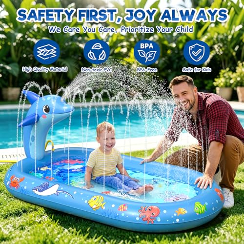 Inflatable Paddling Pool for Kids, Splash Pad for Kids, 3 in 1 Dolphin Pattern Kids Pool Inflatables, Thickened Material with Water Pipe, Backyard Summer Water Toys for Boys and Girls Age 1+