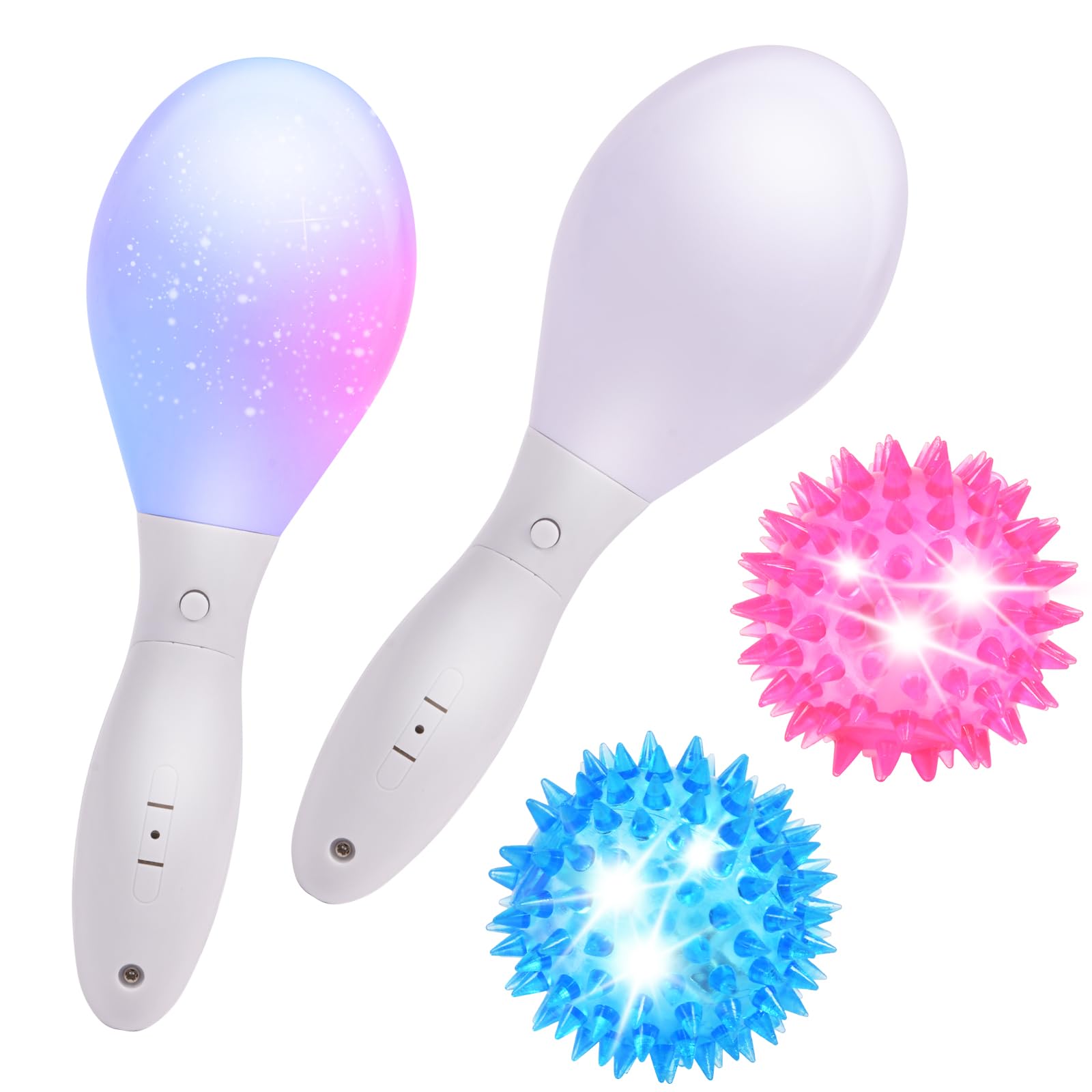 HOTUT 2 x Light Up LED Maracas & 2 x Flashing Spiky Ball, LED Light Up Maracas Multi Colour Sensory Toy for Babies 3 6 9 12 Months, Newborn Lights Set, Baby Sensory Toys for Autism, Gifts for Toddlers