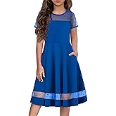 Arshiner Tween Girls Dress Formal Contrast Mesh Short Sleeve A Line Party Dresses with Pockets for 5-12 Years