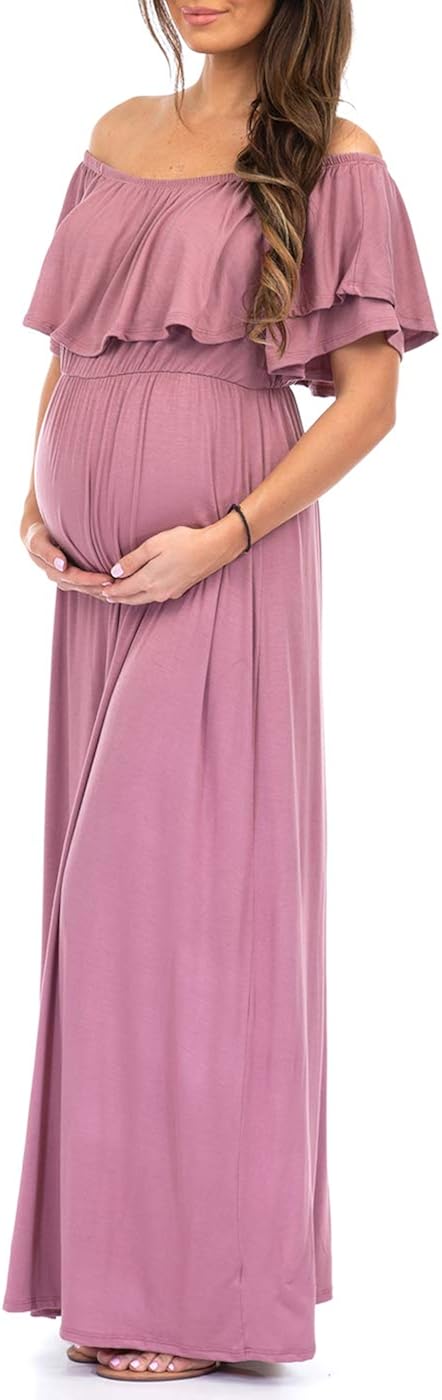 Mother Bee Maternity Open Shoulder Maternity Dress with Ruffles at  Women’s Clothing store