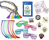 Extreme Rock Star Party Favor Pack (12 Glasses, 12 Neon Braid Hair Attachments , 12 Beaded Guitar Necklaces, 12 Jewel Rock Star Diva Tattoos, 72 Rock Star Tattoos)