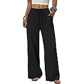 Sampeel Wide Leg Pants for Women Flowy Palazzo Drawstring Elastic Waist Trousers with Pockets Summer Beach Vacation Clothes