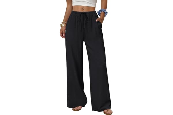 Sampeel Wide Leg Pants for Women Flowy Palazzo Drawstring Elastic Waist Trousers with Pockets Summer Beach Vacation Clothes