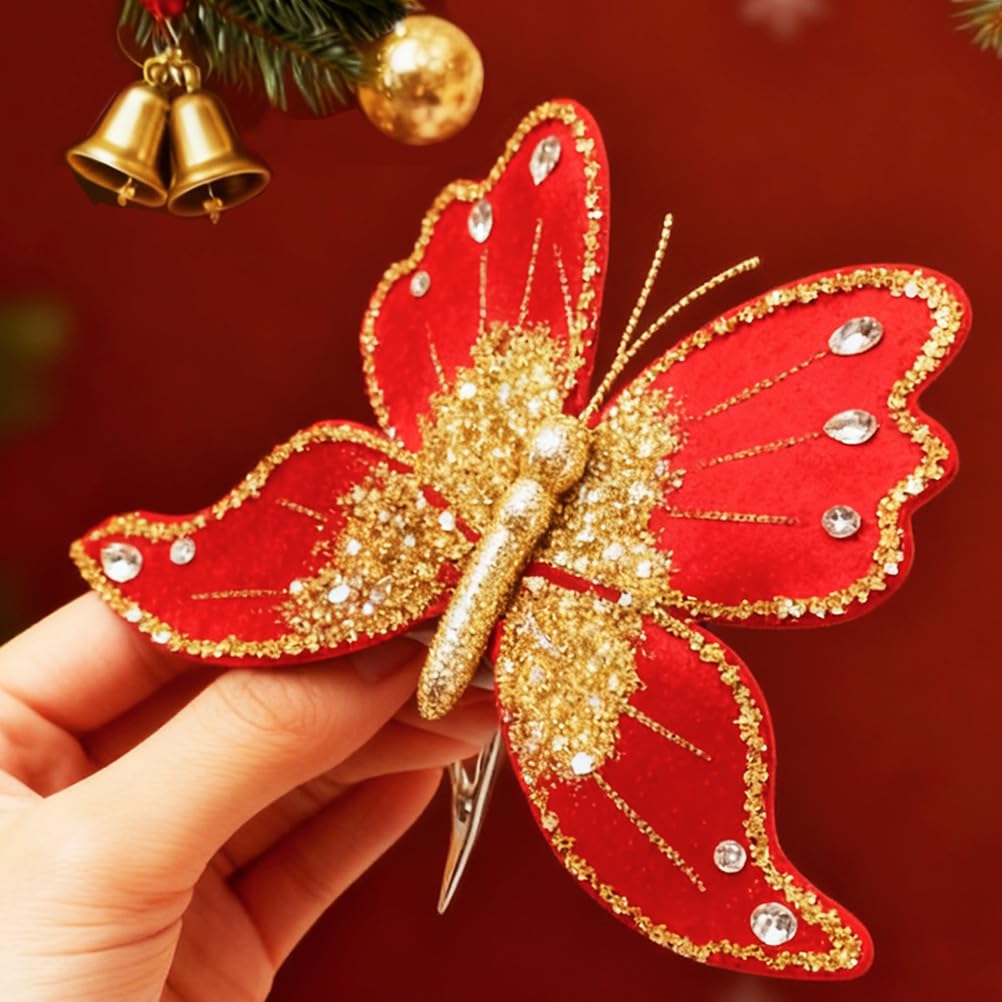 Photo 1 of 1pcs Glitter Big Butterfly Christmas Ornament with Clip, Red Artificial Butterfly Christmas Tree Decoration Festive Wedding Home Holiday Decor
