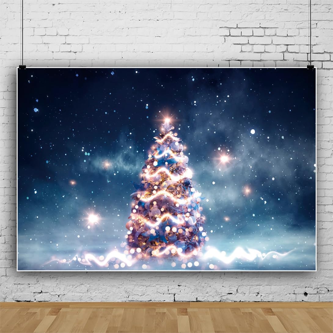 Bovlleetd Christmas Tree Wonderland Backdrop Blue Sky Starry Bokeh Glitter Photo Backdrops Christmas Party Decoration Kids Portrait Photobooth Photo Studio Props 7x5ft