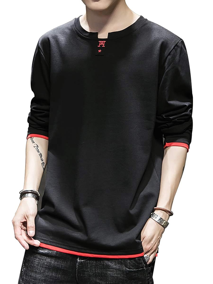 RanSy メンズ Tシャツ 長袖 トップス クルーネック 綿 無地 カットソー ファッション カジュアル 快適 春秋 黑 L