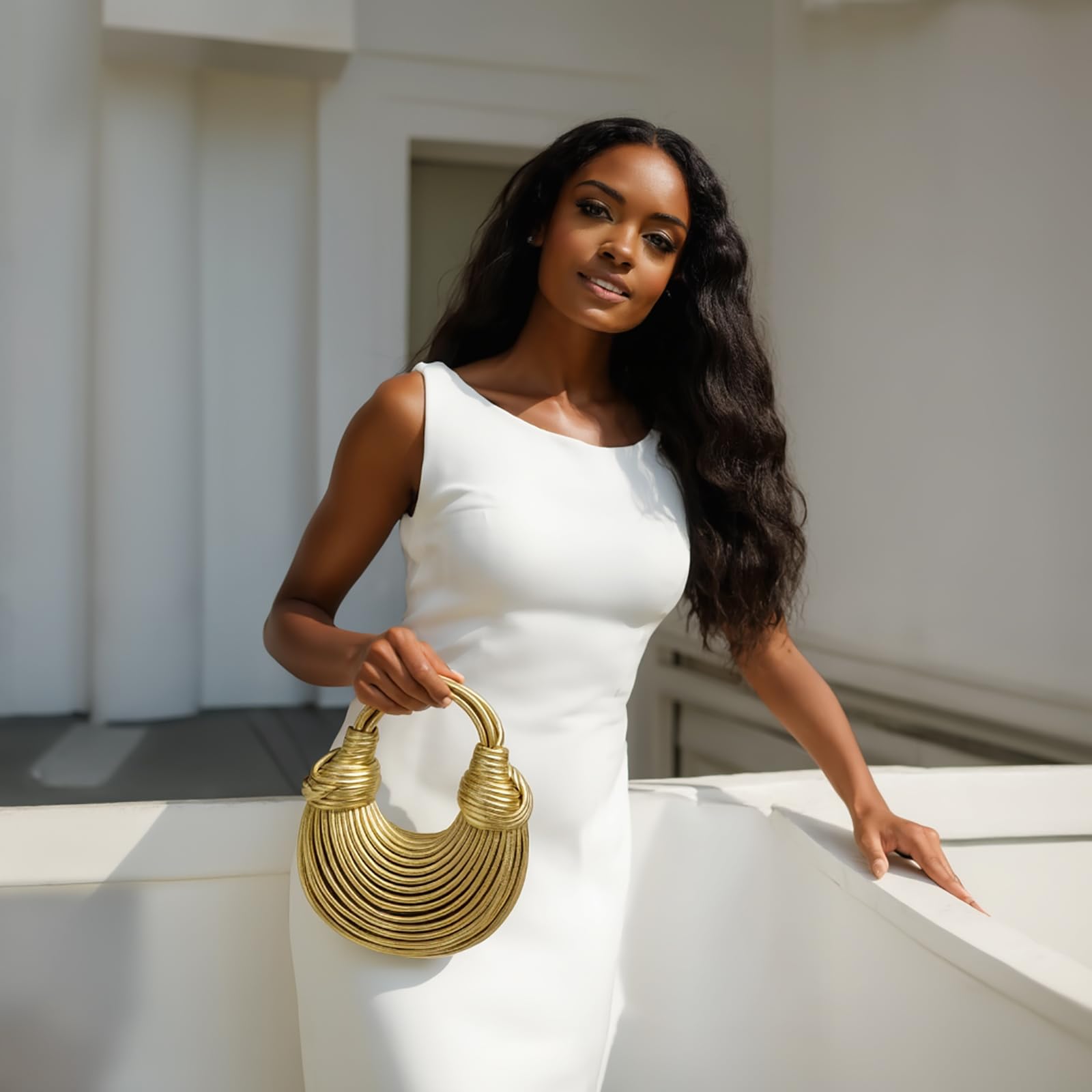 Gold Purse for Women, Woven Knotted Bread Crossbody Clutch Top Handle Creative Noodles Bag Underarm Shoulder Handbag