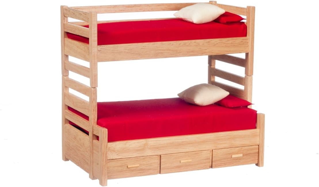 Dolls House Miniature 1:12 Bedroom Furniture Oak Bunk Beds with Trundle Bed