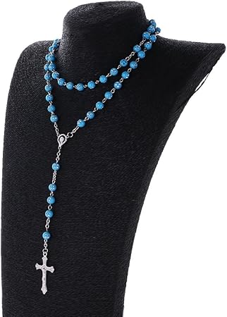 Amazon Harilla ファッション女性の女の子のロザリオロングセーターinriクロスペンダント 青 チャーム アクセサリートップ 通販