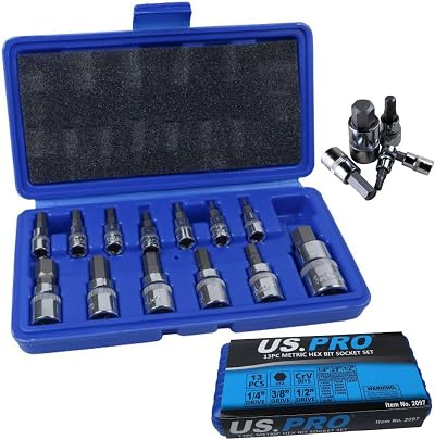 US PRO 13pc Metric Hex Bit Socket Set 2-14mm Chrome Vanadium Steel S2 Bits Case