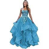 KSIJJWY Sparkly Tulle Prom Dresses Long Ball Gown Lace Applique Tiered Formal Evening Gowns for Women Teens 2026