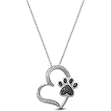 Jewelili Sterling Silver Natural Black and White Round Diamond Accent Heart Paw Pendant Necklace, 18" Rolo Chain