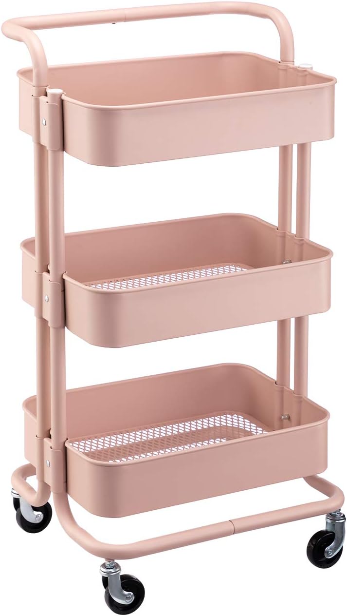 MATICO 3-Tier Metal Utility Service Cart Rolling Storage Shelves with Handles, Storage Utility Cart, Pink-White Makeup Cart : Office Products