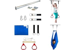 DreamGYM Doorway Sensory Swing Kit - Blue Compression Swing and Trapeze Bar with Red Gym Rings Combo