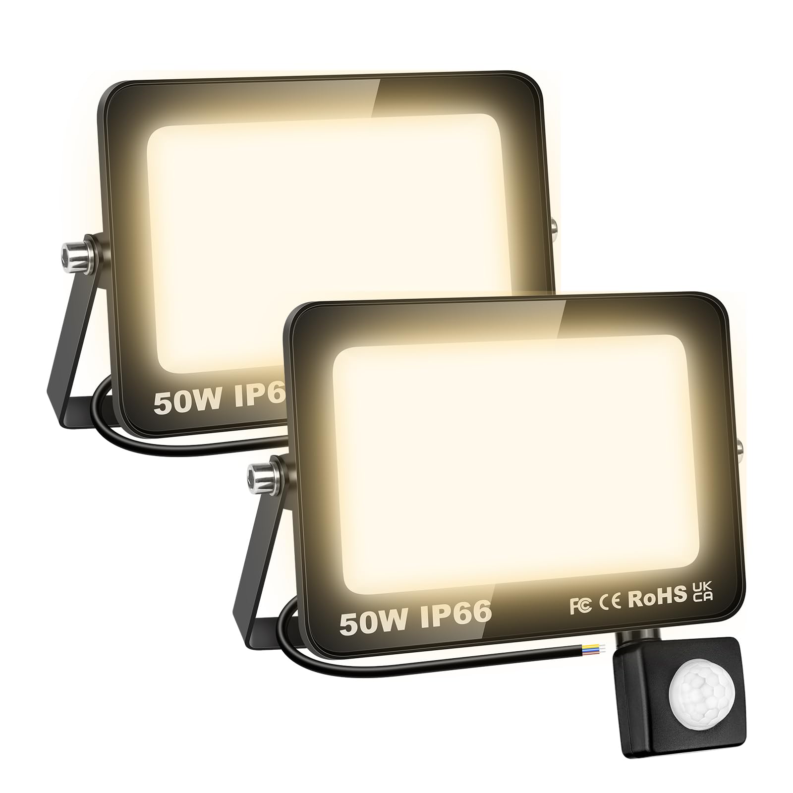 SKYWORLD 2Pcs Outdoor Security Light Motion Sensor, 50W 5000 Lumen LED Floodlights with PIR Sensor Outside Wall Light, 3000K Warm White Waterproof Lighting for Garden Garage Patio Backyard Rooftop — image 1