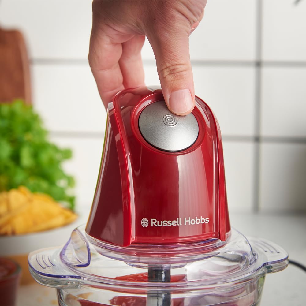 Russell Hobbs Zerkleinerer Elektrisch Mini [Glasbehälter mit Deckel] Desire Red (500ml, 2-flügeliges Edelstahlmesser, Mixer, Multi-& Universalzerkleinerer für Obst, Gemüse & Fleisch, 350W) 27132-56 5