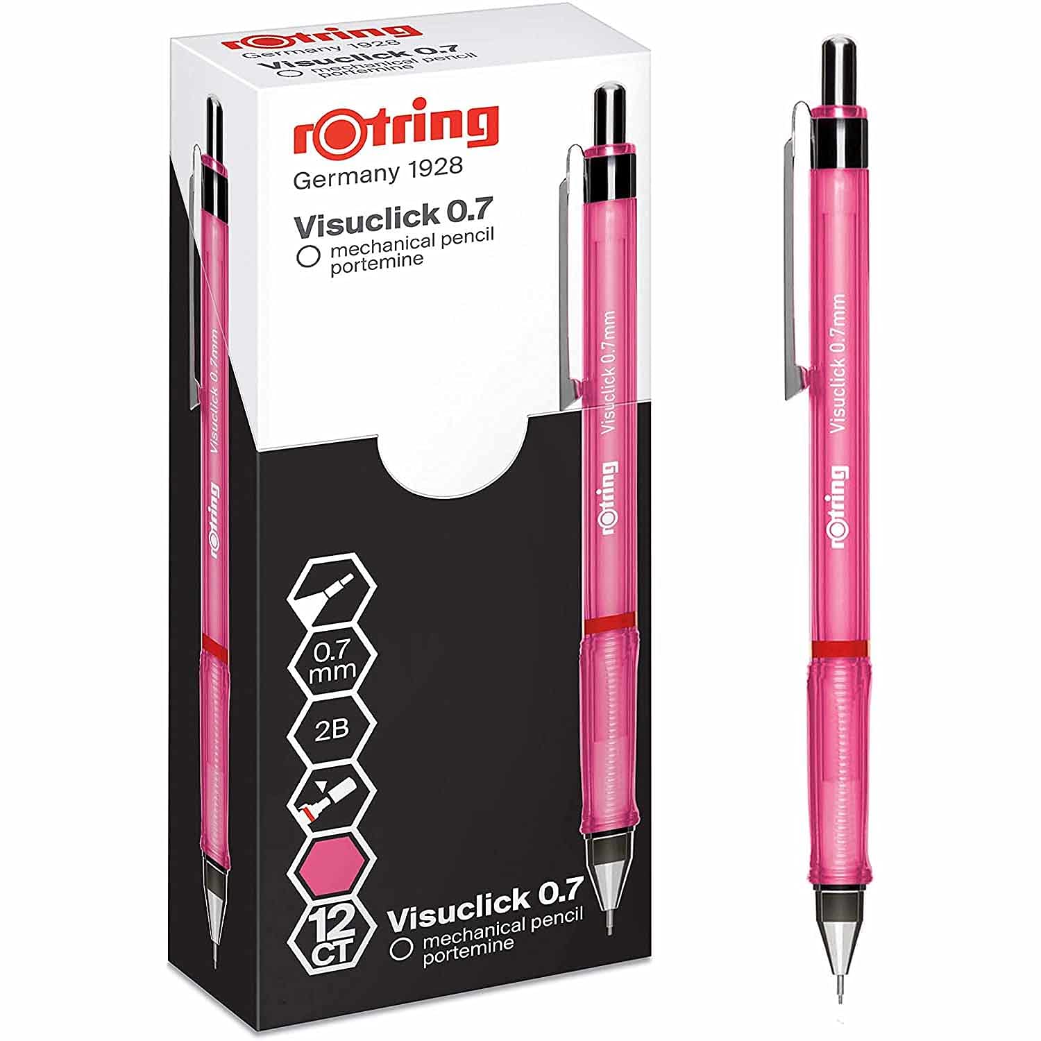 rOtring Visuclick Mechanical Pencil | 0.7 mm | 2B Lead | Lively Pink Barrel | 12 Count