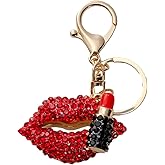 QDDollars Women’s Red Lips Keychain, Cute Lipstick Keyring for Ladies, Bohemian Summer Key Chain, Sparkling Rhinestone Hot Lips Shape Keychain Accessories