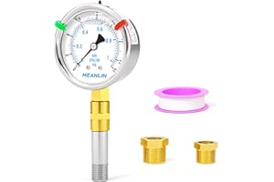 MEANLIN MEASURE 0~15Psi Heater Heavy Liquid Filled Pressure Gauge 1/4" NPT 2.5" FACE DIAL Stainless Steel Lower Mount for Low Pressure Portable Oil Fired Heaters, with Hex Bushing