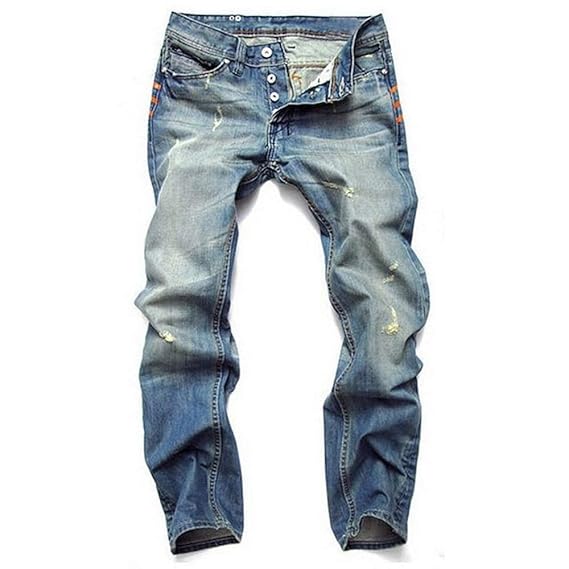 Versaces Männer Jeans Slim Fit Loch Cowboy Hellblau Gerade Knopf Hosen