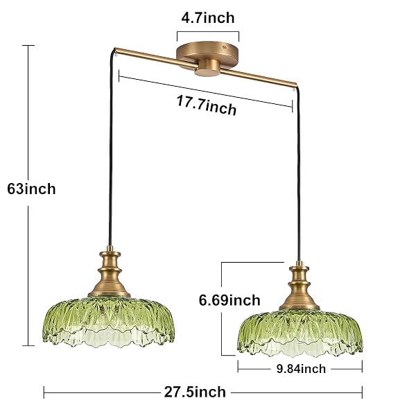 HDDFL VINTAGE PENDANT LIGHTING FIXTURES MODERN GLASS HANGING LAMP WITH ADJUSTABLE CORD FOR KITCHEN ISLAND DINING ROOM HALLWAY 2 LIGHT BRASS AND GREEN