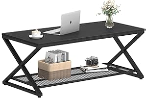 LVB Black Coffee Table, Metal Wood 2 Tier Center Tables with Storage Shelf, Modern Rectangular Cocktail Tea Table for Living Room, Wooden Middle Concrete Table for Office Bedroom, 39 inch, Black Oak