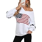 shermie Sweatshirt for Women Long Sleeve V Neck Loose Casual USA flag Oversized Pullover Shirts