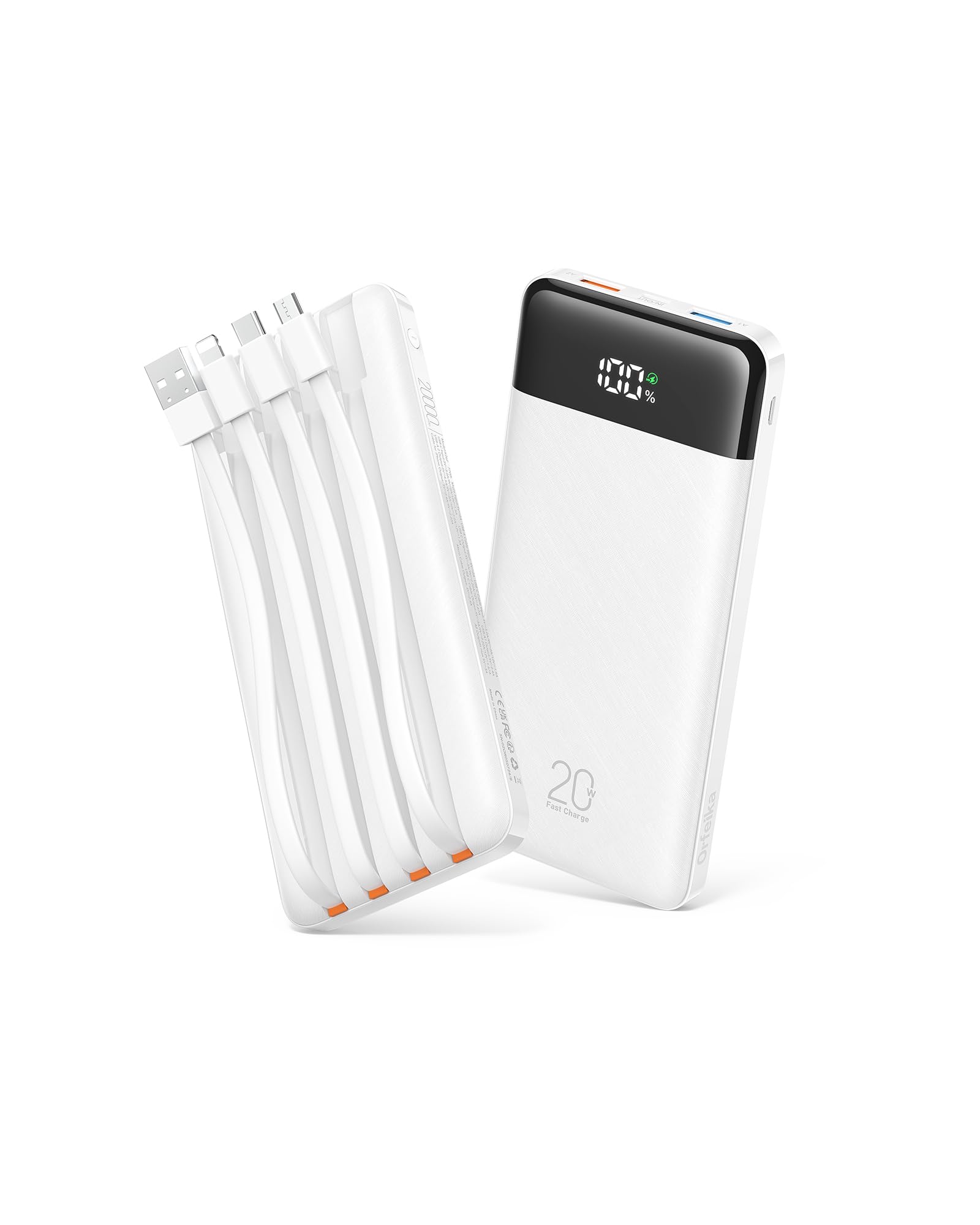 Orfeika 20000mAh Power Bank Fast Charging, Portable Charger with 4 Built-in Cables & 6 Outputs, 20W PD USB C Battery Pack Compatible with iPhone 16/15, Galaxy, Android, iPad & More (Travel Essential)