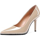 SAMMITOP Women Beaded Pumps Closed Pointed Toe High Heel Slip On Stilettos 3.5 Inch Sexy Heeled Dress Shoes Patent Leather