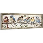 ARTISTIC PATH Vintage Cute Chickadee Wooden Framed Wall Art 24x8 Inch | Colorful Bird Painting, Rustic Sparrow Picture, Bluebird on Branch Prints, Countryside Artwork, Farmhouse Decor for Bedroom
