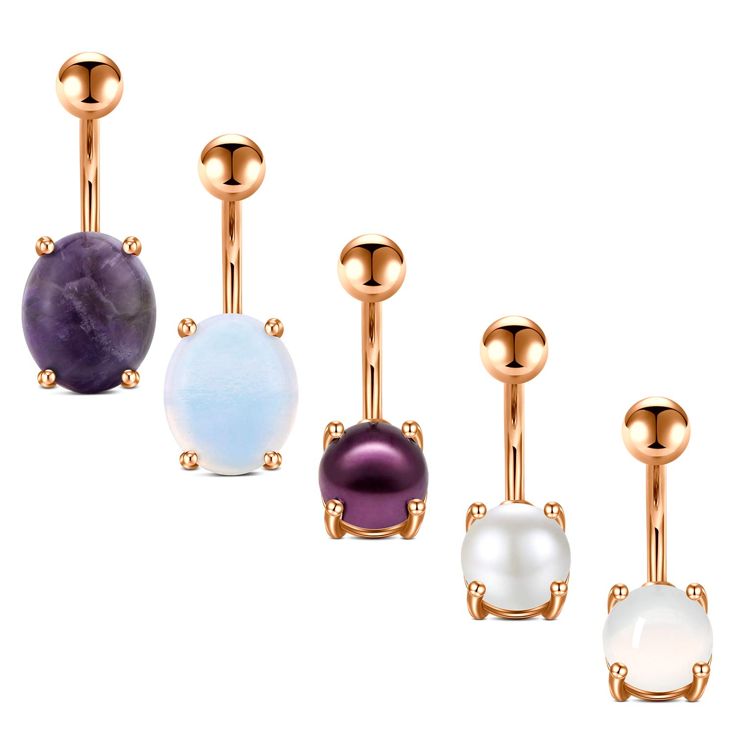 AVYRING 14G Natural Stone Pearl Belly Button Rings Stainless Steel Bar 10MM Belly Navel Piercing for Women Men Body Piercing Jewelry 5PCS - Rose gold