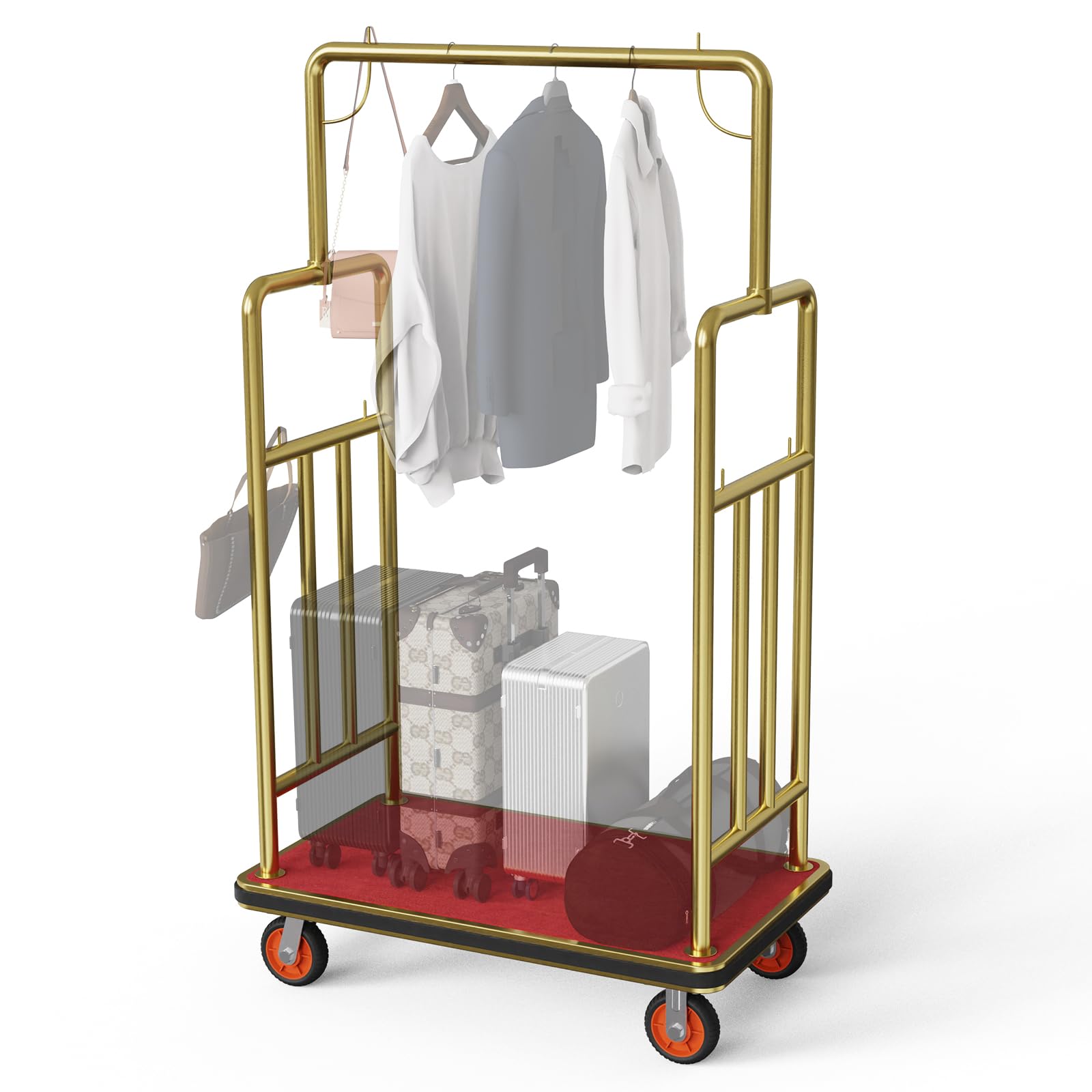 Photo 1 of ***It is used, it is missing parts and it is not known if it works 100%, which cannot be returned.***Gold Hotel Luggage Cart,42"x24" Bellman Cart with Baffle Guardrail and 6In Caster Weight Capacity Up to 850LBS Provide Convenience to Guest Gold Finished