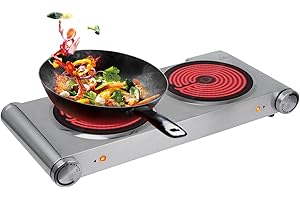 Davivy Hot Plate for Cooking Portable Electric Stove,Infrared Ceramic Dual Burners,Stainless Steel Base,Two Burners for ALL Cookwares for Home(silver,900W+900W) (Double Burner)