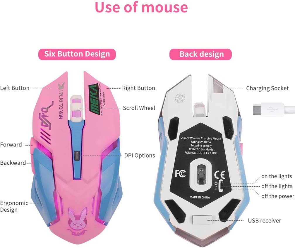 Greshare Gaming Mouse,7 Colors Backlit Optical Game wireless Mice Ergonomic with 2400 DPI and 6 Buttons 4 Shooting with Nano Receiver for Computer/Win/Mac/Linux/Andriod/iOS,Pink - Image 5