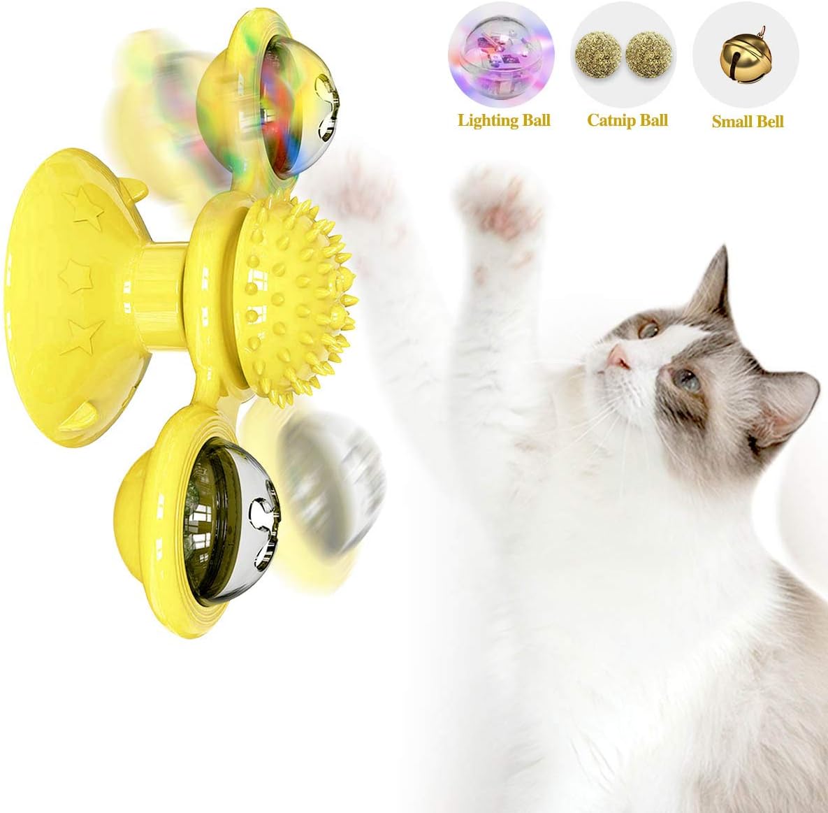 ODOLDI Windmill Cat Toy, Interactive Turntable Cat Toy with Suction Cup Portable Windmill Scratch Hair Brush Soft Silicone Washable Cat Grooming Shedding Massage for Cats