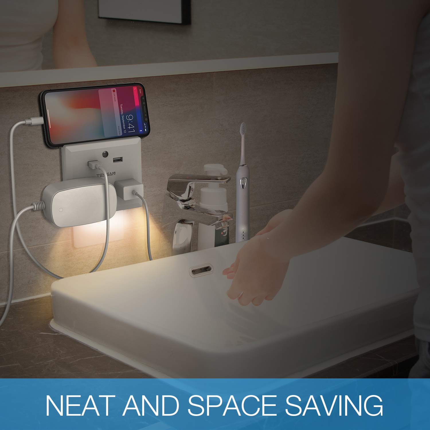 TESSAN Wall Mount 3 AC Outlets with 2 USB + 1 Type-C Port (Total 5A/25W) and Auto Sensor LED Night Light, Fireproof Safety and Fast Charging, Power Rating 1875W