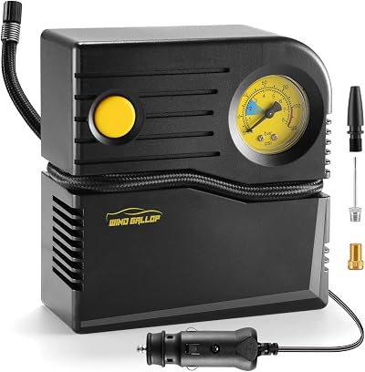 WindGallop 12V Car Tyre Inflator with Gauge 3 Adapters 11.7ft Cable Yellow