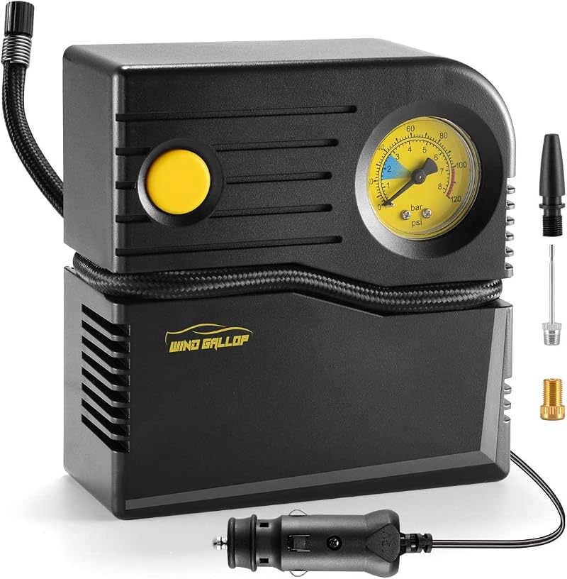 WindGallop 12V Car Tyre Inflator with Gauge 3 Adapters 11.7ft Cable Yellow