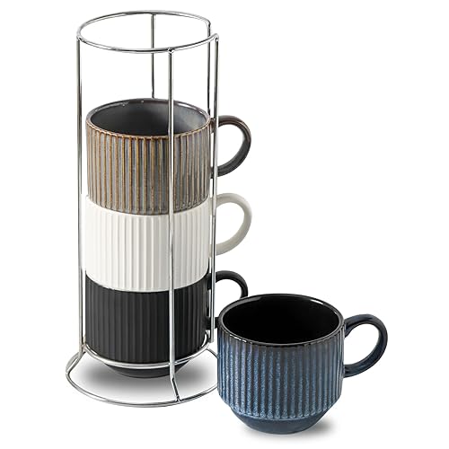 Tikooere Ceramic Coffee Mugs with Stand,15 Ounce Stackable Coffee Cups Set  of 4 for Latte,Cappuccino,Mocha,Cocoa,Ribbed Vintage Coffee Cups for Men  Women,Dishwasher & Microwave Safe,Striped Multicolor in Kenya | Whizz Mug  Sets