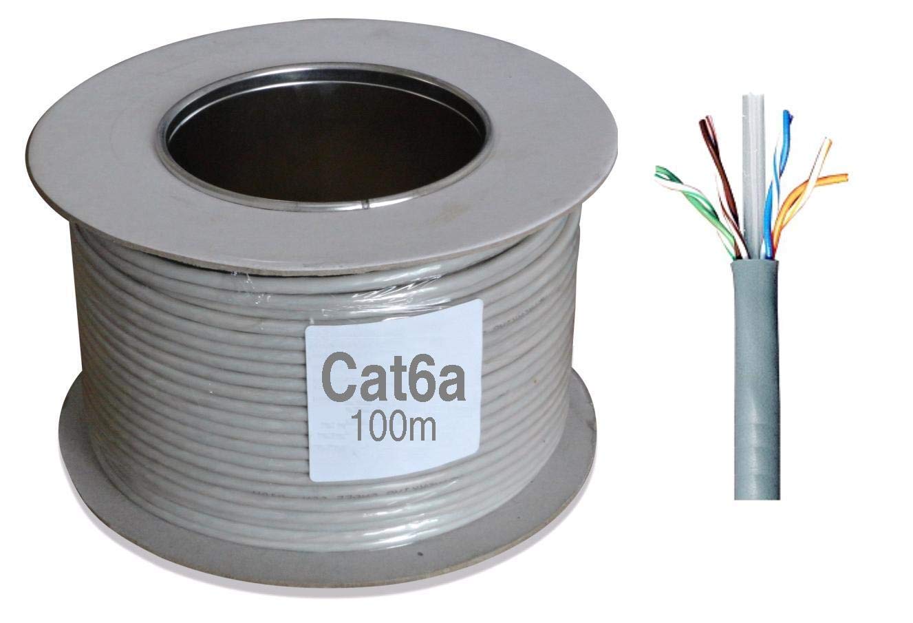 RosenetSys 100m Cat6a 500mhz High Speed Gigabit 1Gbps to 10Gbps Network SOLID COPPER Ethernet Data Voice UTP Cable Category 6a (Grey, 100m)