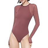 PUMIEY Mesh Long Sleeve Bodysuit for Women Crew Neck Body Suits Sexy Sheer Tops Smoke Cloud Collection