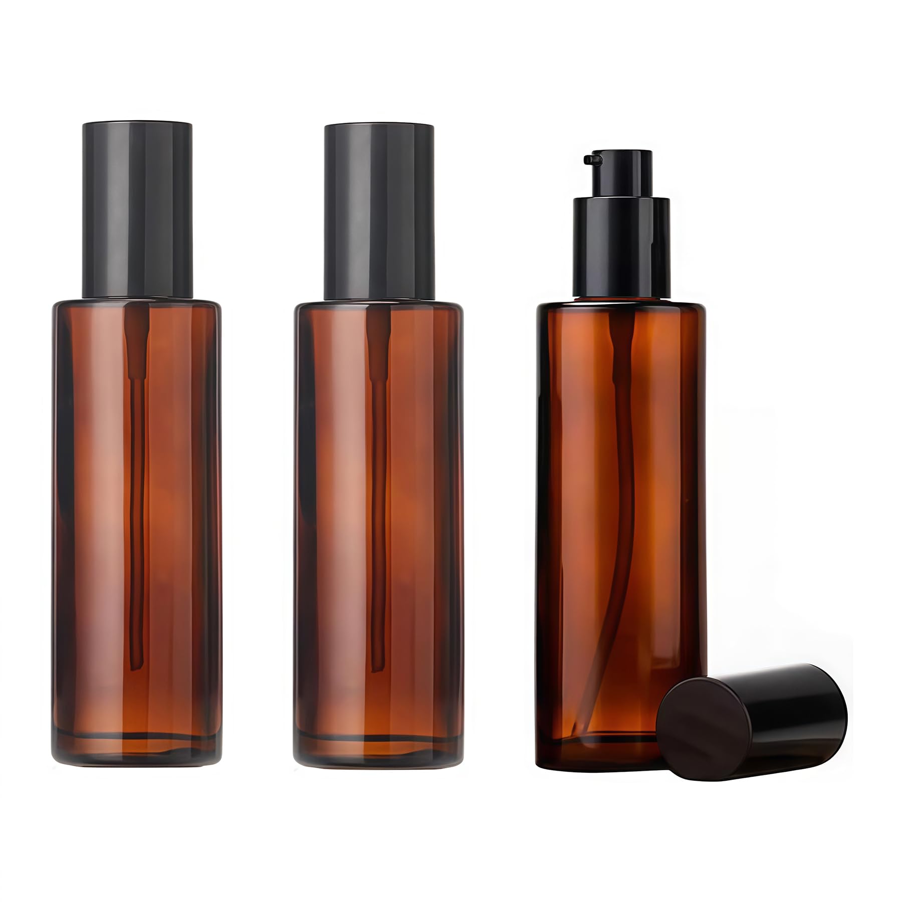 TOPWEL 3PCS 60ml/2oz Empty Amber Glass Lotion Pump Bottles Travel Cosmetic Makeup Soap Dispensers Containers Jars with Black Cap for Foundation Cream Makeup Removel Oil Shampoo
