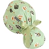 Scrub Caps Women Ponytail – Mint Paw Print Double-Sided Printed Surgical Hat with Buttons and Sweatband, Soft Nurse Cap for Long Hair