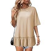 Dokotoo Womens Summer Tops Crewneck Short Sleeve Ruffle Hem Oversized T-Shirts Casual Loose Peplum Babydoll Blouses Shirts