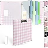 Etzul 3 Ring Binder 1 inch with Clipboard - Pink & White Grid Design, Includes Dividers, File Bag & Spine Label - Ideal for Students and Professionals, Holographic Waterproof Film