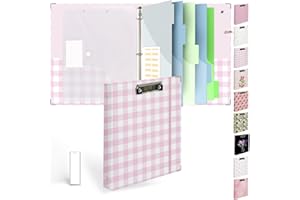Etzul 3 Ring Binder 1 inch with Clipboard - Pink & White Grid Design, Includes Dividers, File Bag & Spine Label - Ideal for Students and Professionals, Holographic Waterproof Film