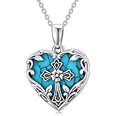 BETHZA Heart Shaped Locket Necklace That Holds 1 Picture 925 Sterling Silver Genuine Turquoise Cross Pendant Personalized Photo Jewelry for Women Grandma