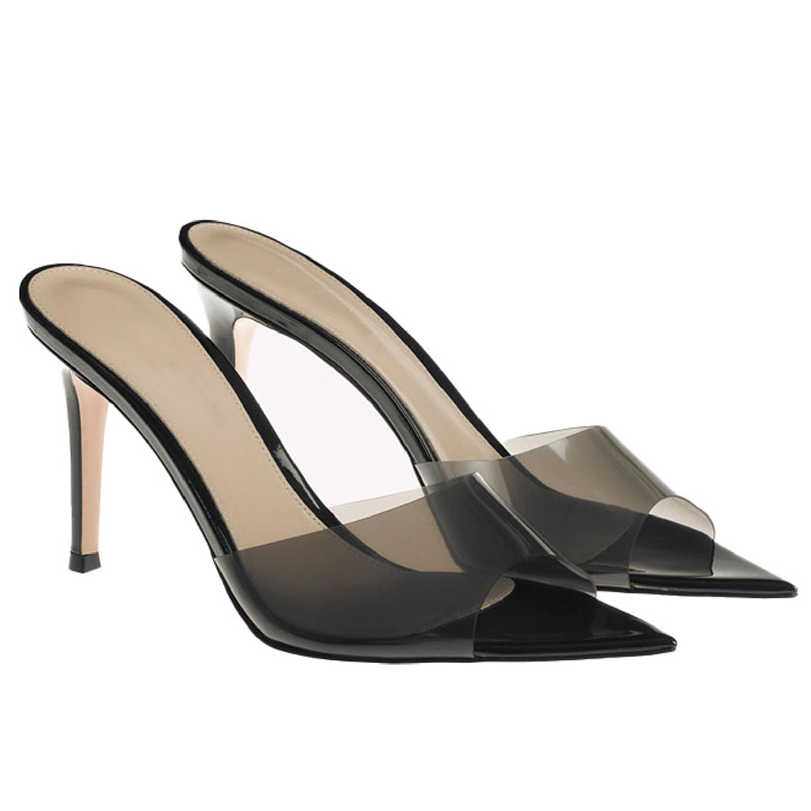 Photo 1 of WYUETRA Women's Clear Pointed Toe Slingback Stilettos Heel Sandals Fashion Sexy Comfortable Summer Open Toe Backless Slip On Dress Slides Sandals for Casual Outdoor Party Work Wedding (Black,9)