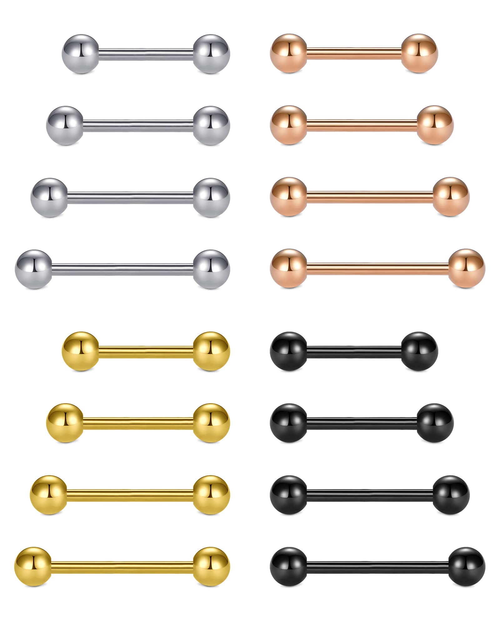 LAURITAMI 16pcs Tongue Bars 14G 12-18mm Straight Barbell Surgical Steel Tongue Nipple Ring Piercing Jewellery Women Men