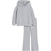 Haloumoning Girls 2 Pieces Outfits Ribbed Knit Hoodies Flare Pants Sweatshirts and Sweatpants Kids Tracksuits 4-14 Years